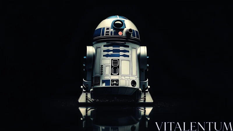 Iconic cylindrical droid centered in dramatic darkness.