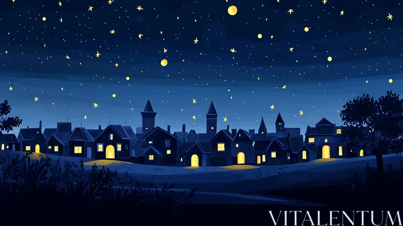 Nighttime village skyline is shown under a star-filled sky