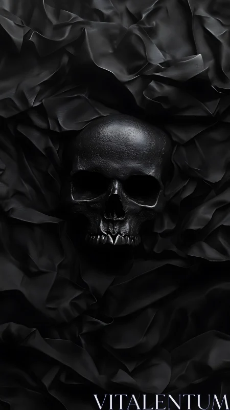 Specular black skull emerging from folded matte textiles.