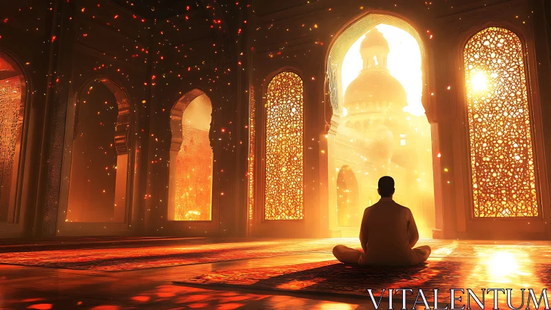 Solitary seated figure in illuminated arched interior space.