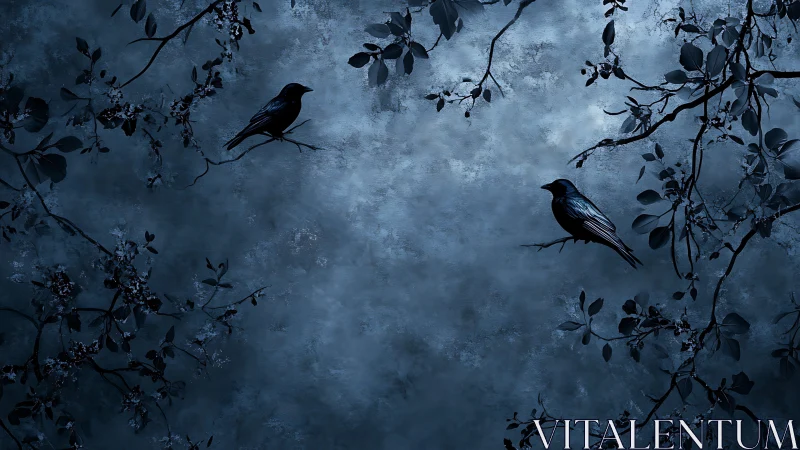 Two crows balance on moonlit branches in silent twilight
