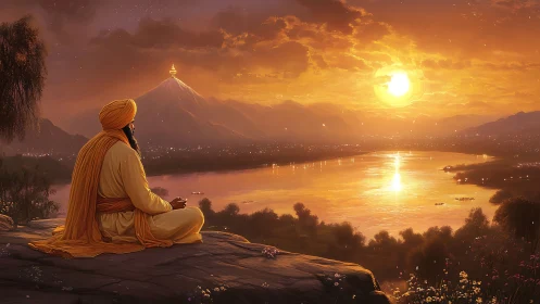 Sunset meditation beside river overlooking luminous temple peak