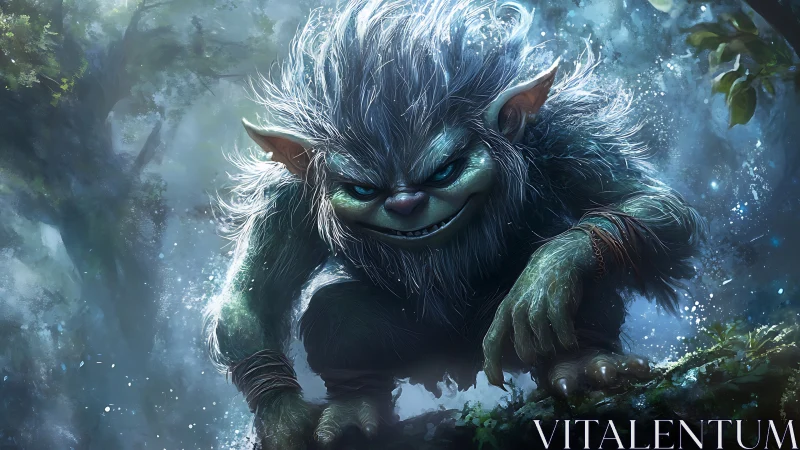 Forest creature crouched on branch in misty woodland scene.