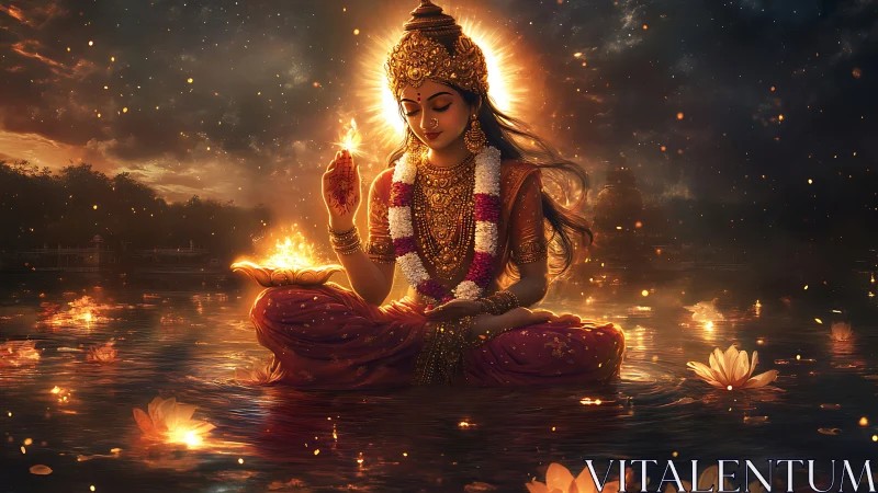 Digital rendering shows seated deity figure with water and light