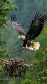 Bald eagle descends toward forest nest in sharp detail.