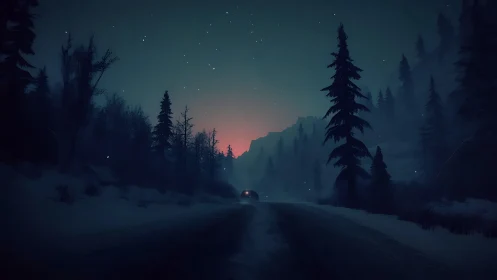 Winter forest highway at dusk with distant car lights aglow.