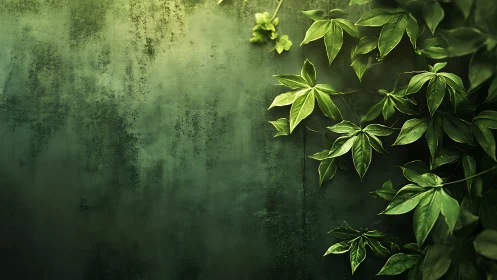 Lush green ivy leaves over textured dark emerald wall.