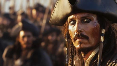 Weathered pirate captain stares ahead with steely resolve.