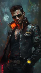 Cyberpunk male figure in leather jacket with neon devices.