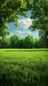 Sunlit green meadow under a bright, friendly blue sky.