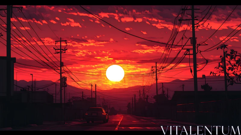 Crimson suburban sunset over silhouetted power lines and car.