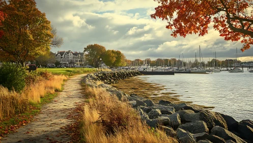 Rocky Coastal Waterfront with Autumn Foliage and Sailboat Marina