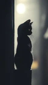 Silhouetted Cat Gazing at the Moonlit Sky.