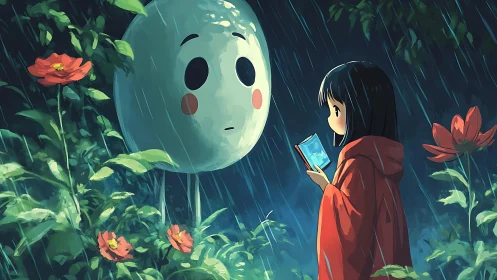 Girl meets gentle forest spirit under rainlit flowers.