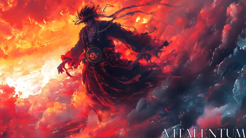 Fiery sky pirate silhouette amid swirling inferno clouds