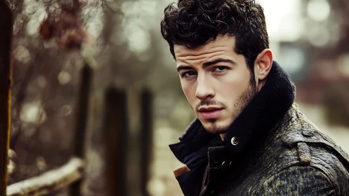 Moody outdoor portrait captures young man in rugged coat