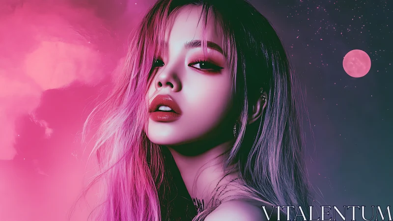 Sultry neon portrait glows against a dreamy cosmic moonlit sky