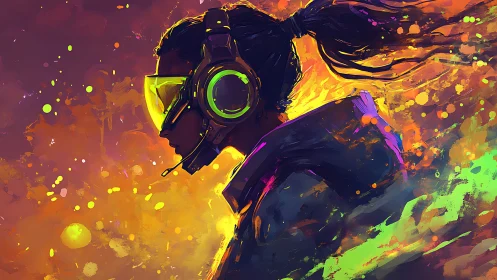 Neon dusk gamer draped in liquid light and hovering noise.