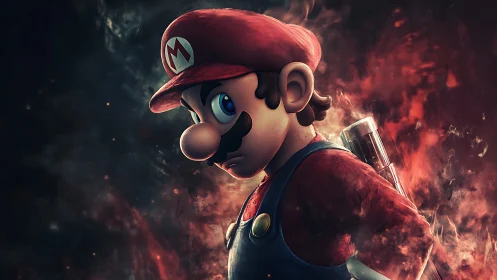 Intense red-capped hero amid swirling embers and smoke.