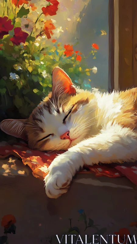 Resting Cat with Flowering Plants in Warm Sunlight