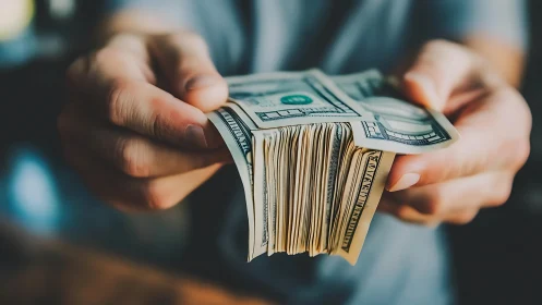 Hands extend a thick wad of cash in a bold financial gesture
