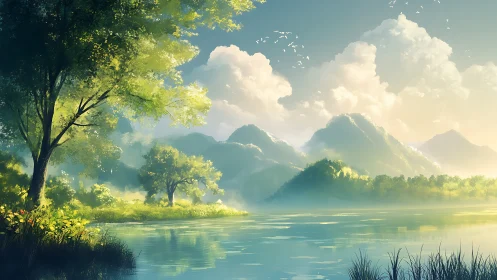 Sunlit lake with distant mountains and soft morning mist.