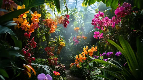 Lush orchid conservatory with radiant backlit foliage blooms.