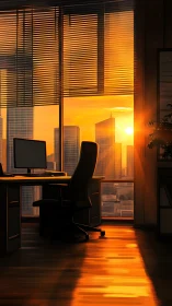 Office workstation overlooking city at sunset through blinds.