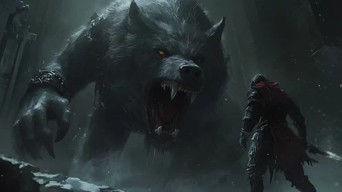 Digital painting of colossal werewolf confronting lone warrior.