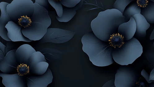 Dark Blue Flowers with Gold Stamens Against Black Background
