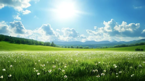 Sunlit wildflower meadow stretches beneath vivid blue sky.