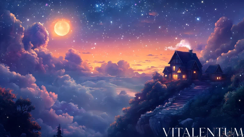 Moonlit hilltop cottage overlooks glowing cloud sea