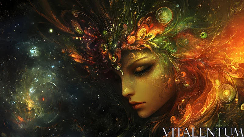 Cosmic goddess portrait with swirling nebula hair design.