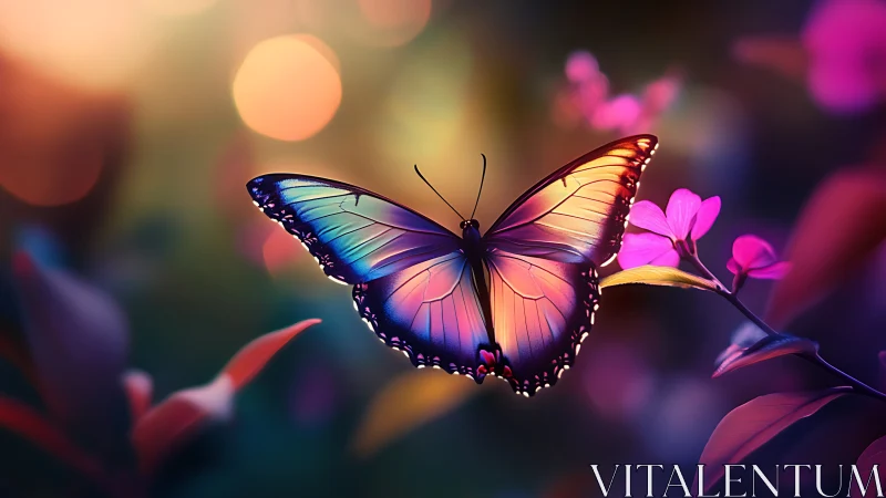 Prismatic butterfly drifts through neon-kissed twilight blooms.