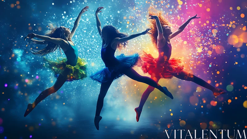 Dynamic ballerinas leap through multicolor bokeh particle field