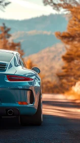 Sports car reflects warm mountain light on forest road.