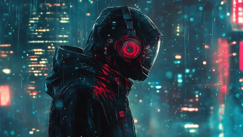Cybernetic hooded figure walks through neon rain cityscape