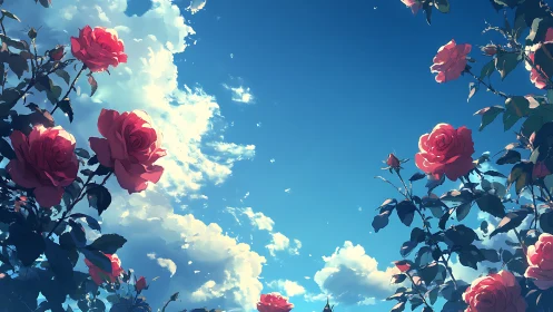 Pink roses frame vivid summer sky with drifting clouds