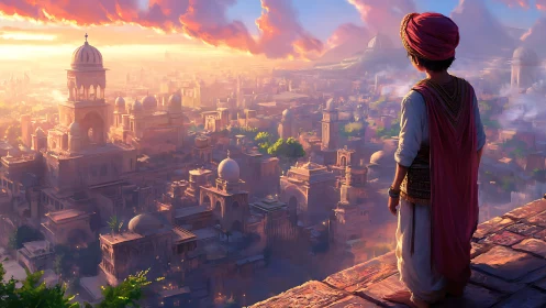 Young figure overlooks sunlit fantasy Middle Eastern cityscape