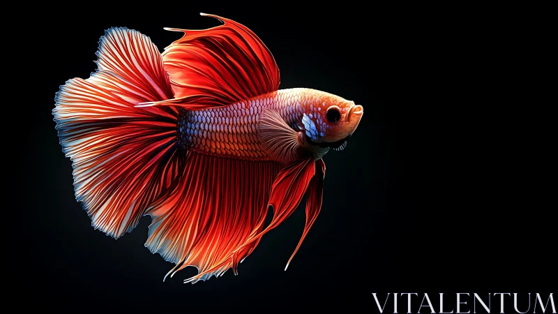 Vivid red betta fish rendered on deep black background.