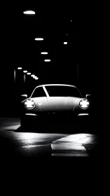 Sports car front view in dark tunnel under spotlights.