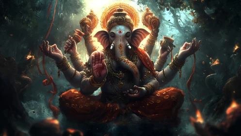 Digital painting of multi-armed Ganesha in luminous forest shrine.