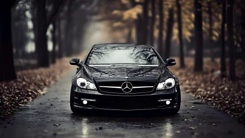 Black luxury coupe captured head-on along a misty forest lane