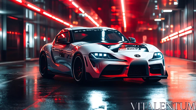 Aerodynamic Toyota GR coupe under neon tunnel illumination.
