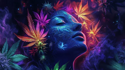 Neon face with swirling cannabis leaves in cosmic haze.