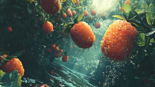 Underwater strawberries in luminous fantasy garden.