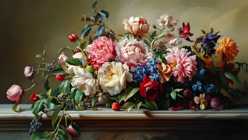 Baroque Floral Arrangement with Peonies, Roses, and Botanical Specimens.