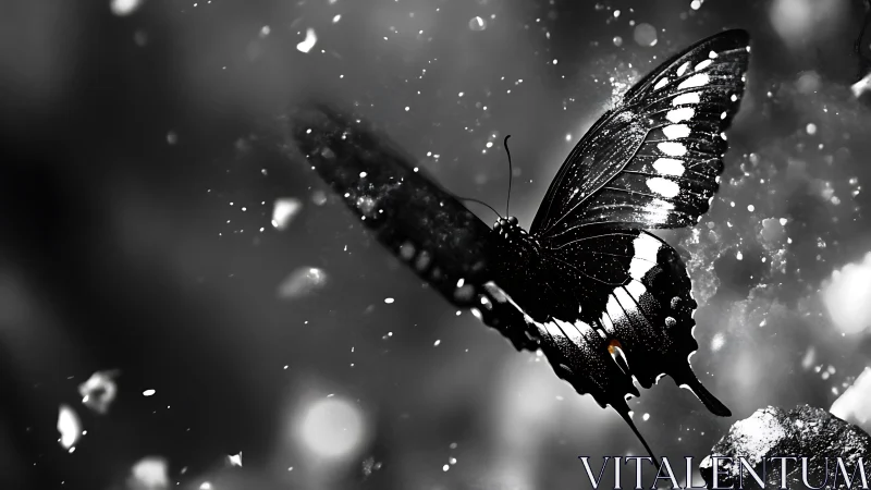 Monochrome butterfly in motion with high contrast lighting.