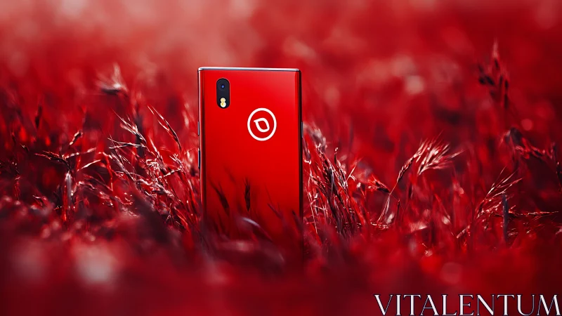 Red smartphone with circular logo positioned in abstract blurred field environment
