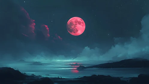 Red full moon illuminates a coastal landscape under clouds